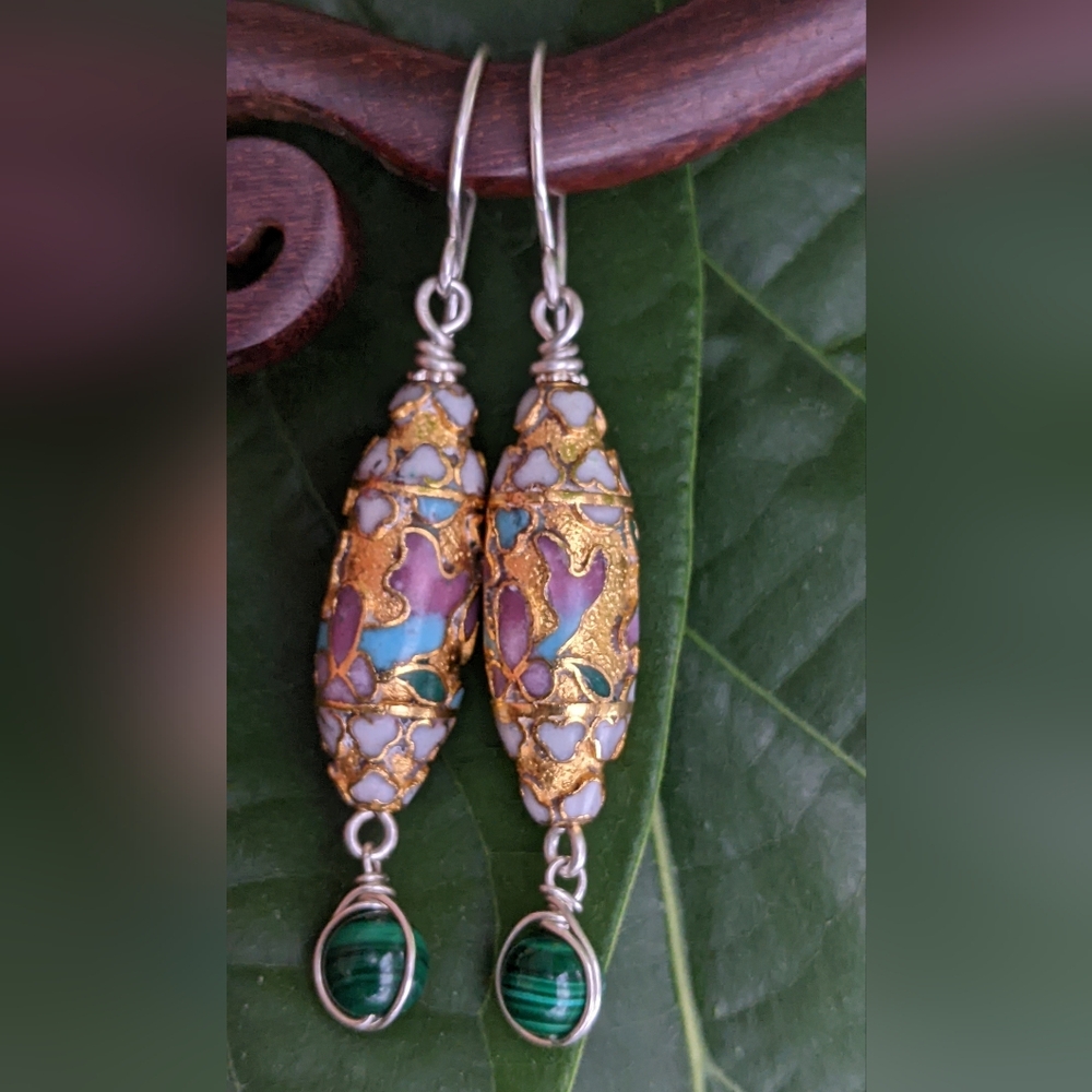 Authentic Vintage Cloisonne Earrings Sterling Silver Gold Toned with Malachite - Picture 12 of 12
